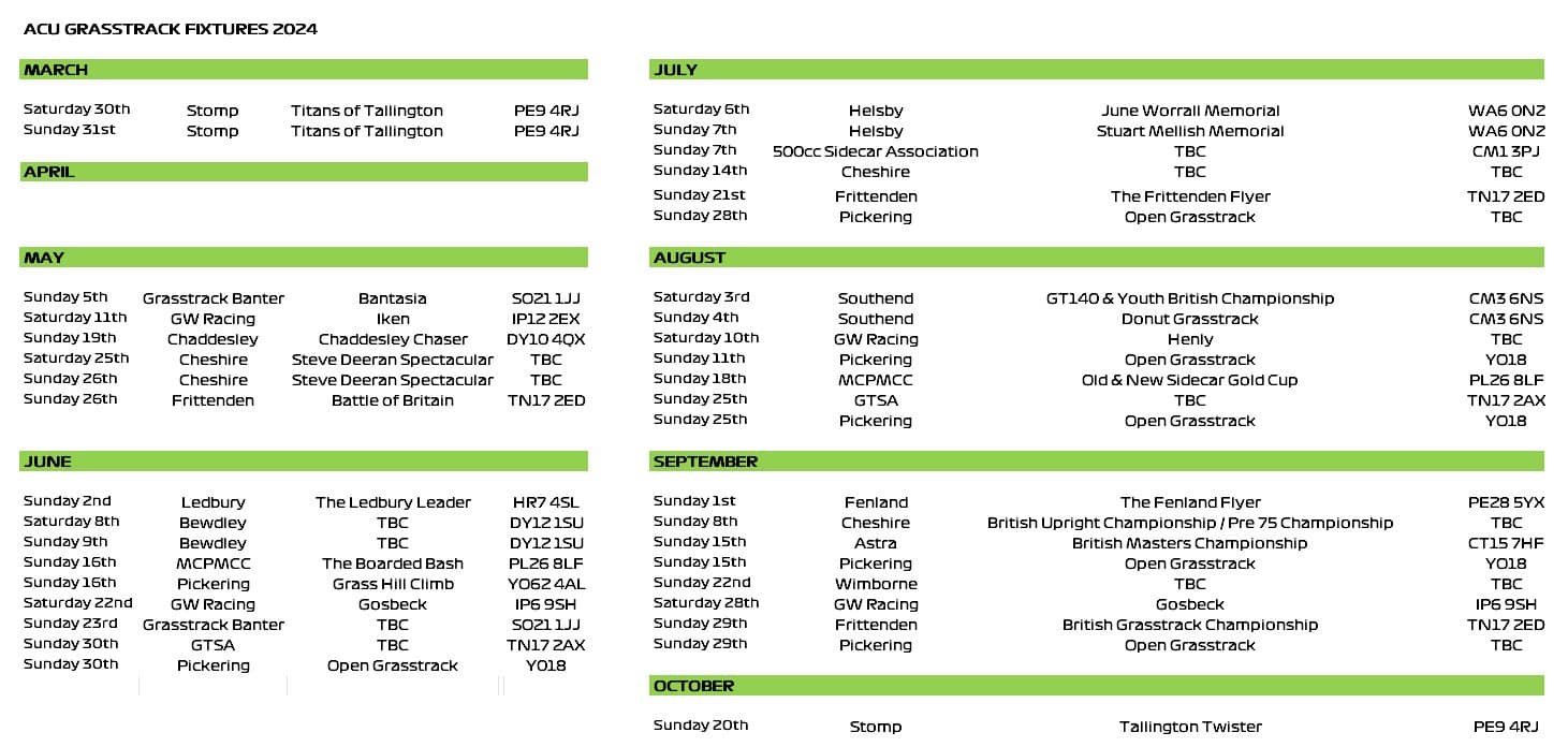 2024 British Grasstrack Calendar